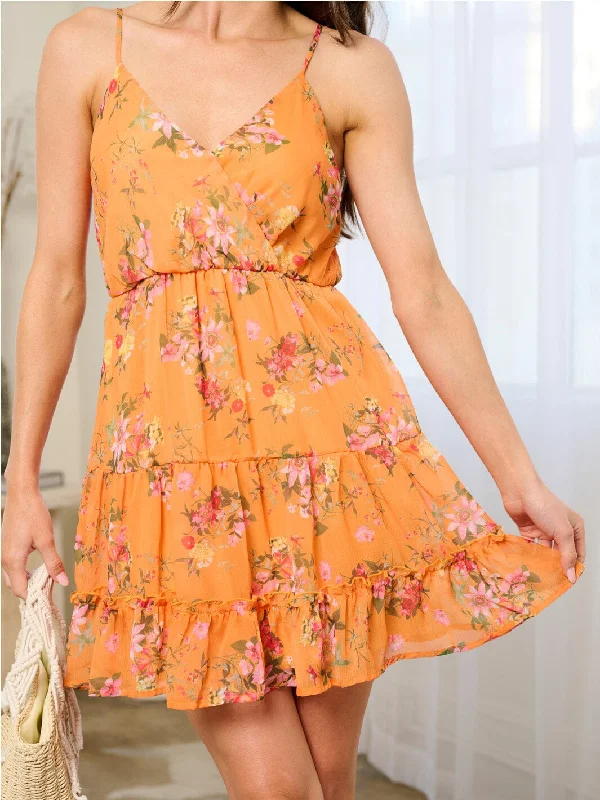 Style Versatile Women's Collection WOMEN'S SLEEVELESS ELASTIC WAIST SURPLICE FLORAL MINI DRESS