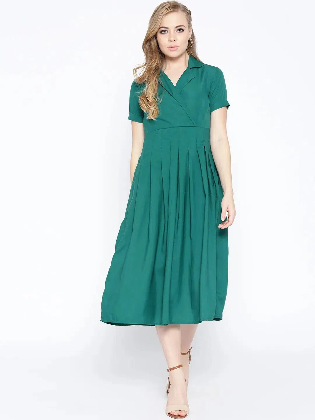 Trendsetter's Closet Box Pleated Midi Dress with collar in Forest Green