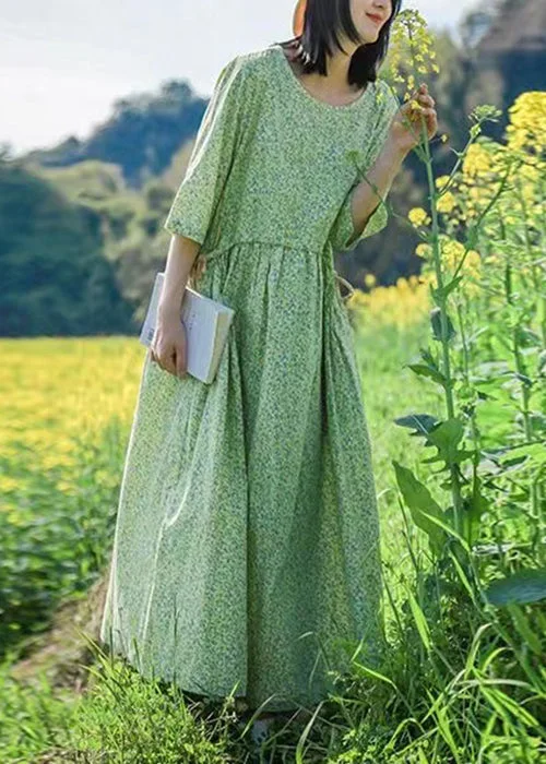 Versatile Wardrobe Essentials Beautiful Green O Neck Print Lace Up Cotton Dresses Half Sleeve Versatile Wardrobe Essentials Beautiful Green O Neck Print Lace Up Cotton Dresses Half Sleeve