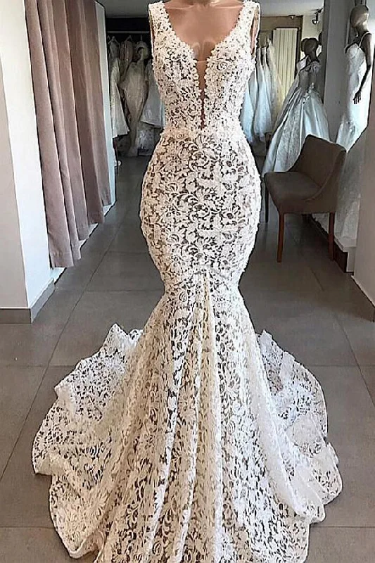 Online Boutiques Roycebridal Vintage Mermaid V-neck Open Back Ivory Lace Wedding Dresses, Elegant Wedding Gown,MW405