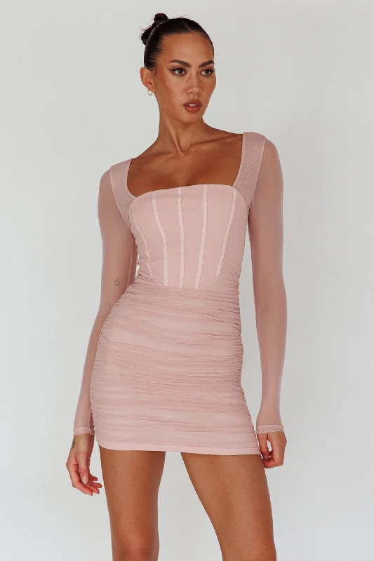 Luxury Fashion Dream Catcher Long Sleeve Ruched Mini Dress Blush