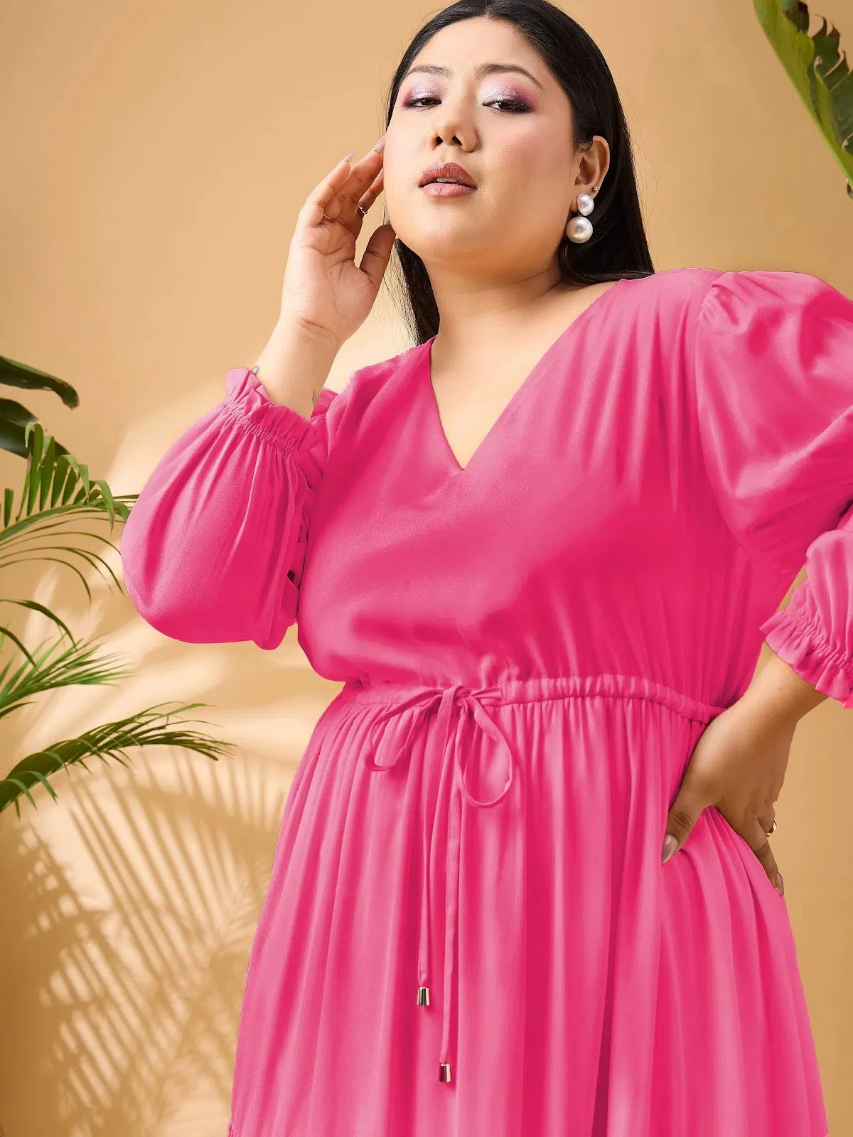 Quality Driven Apparel Women Fuchsia Solid Front Dori Tiered Midi Dress