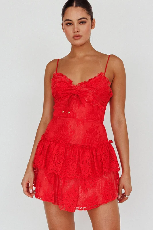 Bold Fashion St Tropez Cami Strap Frill Trim Lace Mini Dress Red