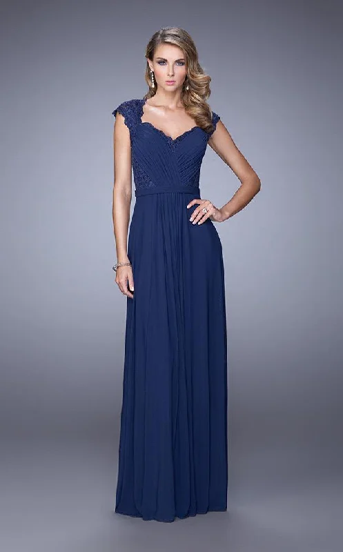 Chic Trends Unveiled La Femme - Ruched V Neck Cap Sleeves Sheath Long Gown 21685SC - 1 pc Navy In Size 4 Available