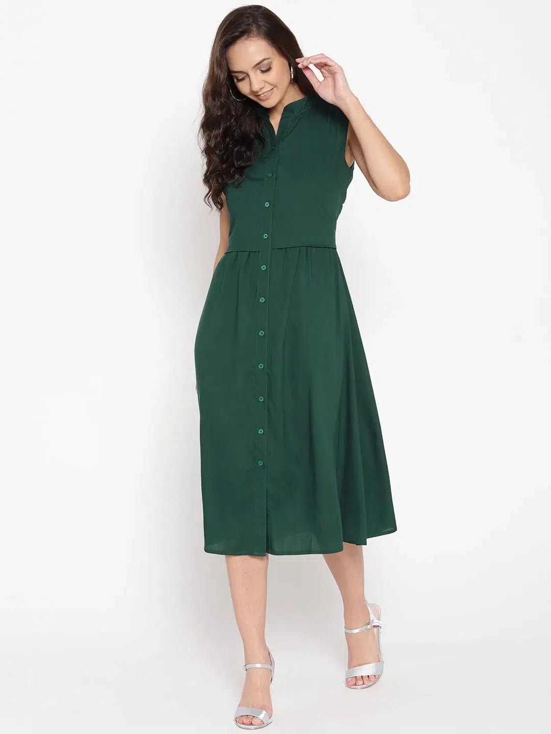 Wardrobe Refresh Front placket two layer midi dress in Bottle Green