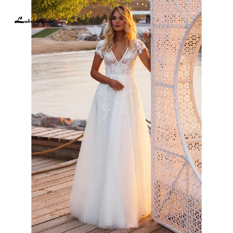 Premium Quality Garments Roycebridal V Neck Short Sleeve Lace Appliques Open Back Wedding Dresses