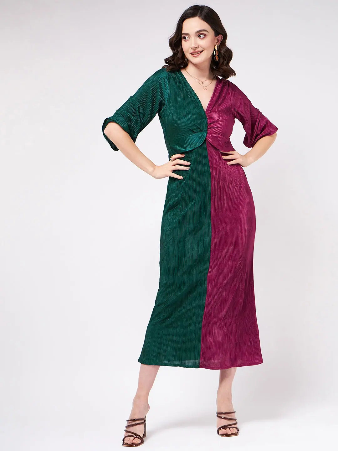 Season Offer Solid Pleated Half N Half Color Blocking Maxi Dress