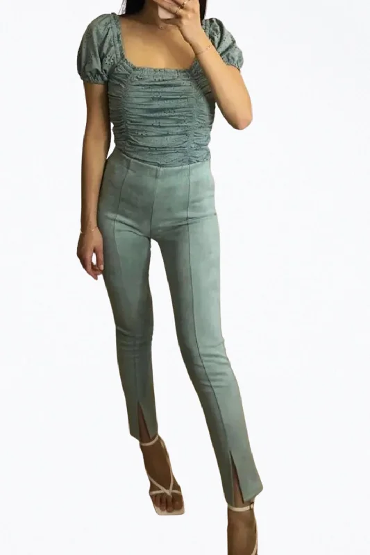 Elegant Fashion High-Rise Vegan Suede Split-Hem Pants In Mint Green