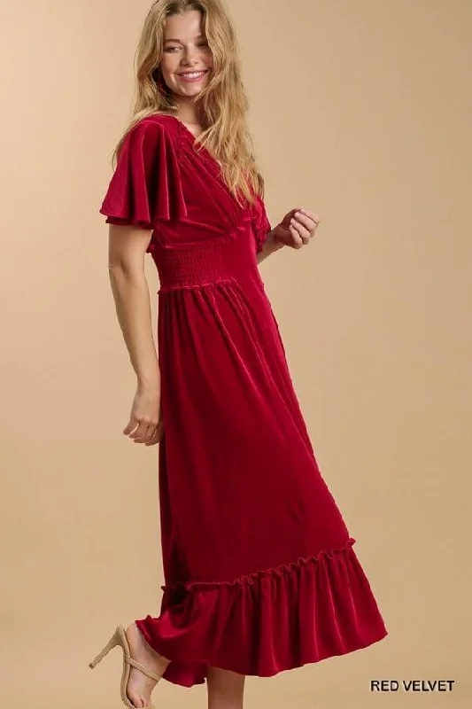 Rocker Chic Fashion Women's Velvet v-neck midi dress in Ruby