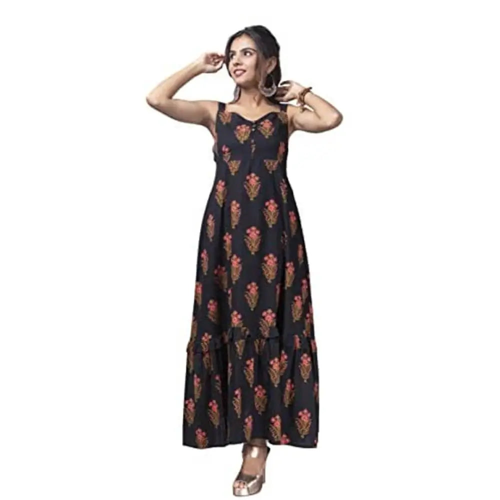 High End Fashion pinkrang Women's Black Blossom Cotton Floral Print Floor Length Gown-Black