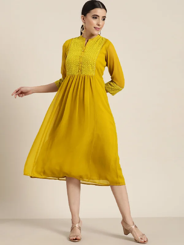 Absurdly Cheap Sale Juniper Mustard Georgette Lacy Midi Dress With Yoke Embroidery & Show Buttons