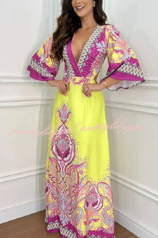 Bundle Offer Stand Out and Shine Palace Style Print Bell Sleeve Backless Vacation Maxi Dress