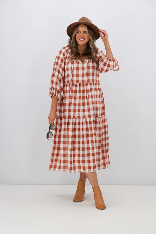 The Latest Fashion Trends Fria Sammy Gingham 2 Tier Midi Dress Tan