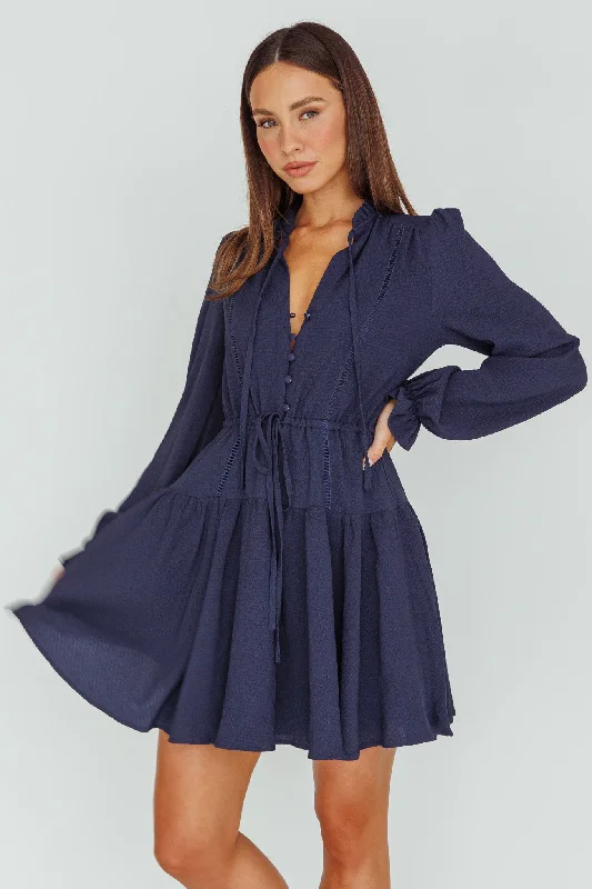 Trendy Pulse Waverly Long Sleeve Mini Dress Navy