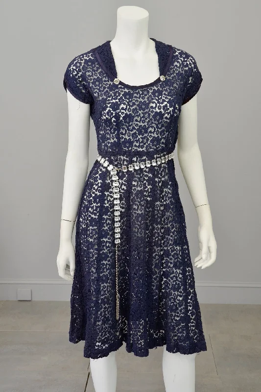 Ethnic Cultural Event Wear 1940s Navy Blue Embroidered Lace Dress
