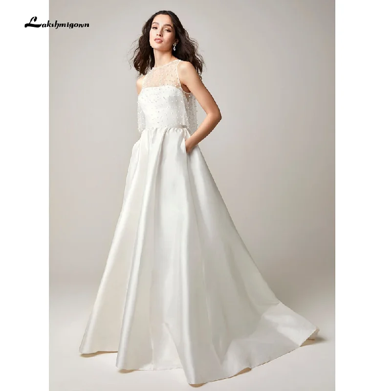 Season Appropriate Women's Collection Roycebridal Two Pieces Wedding Dresses 2022 Pearls Top Bridal Gown Jewel Neck Beach Satin Wedding Gown Vestidos De Novia