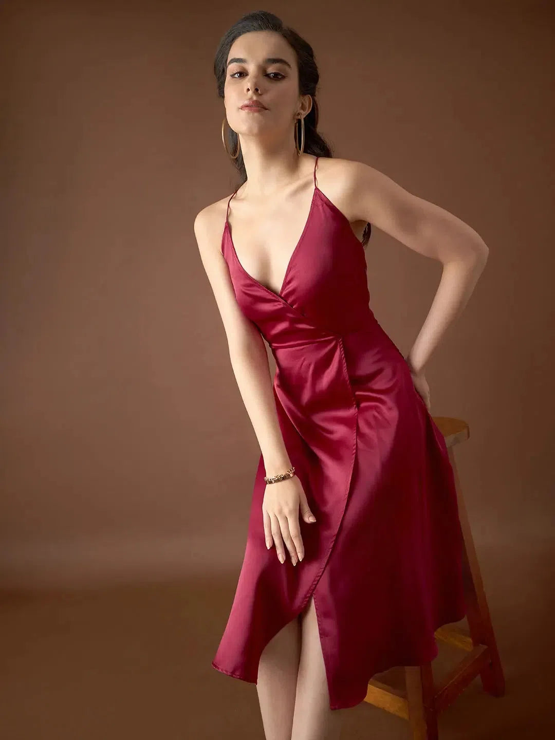 Fashion Forward Femininity Overlap neck Flared midi Dress in Maroon Color