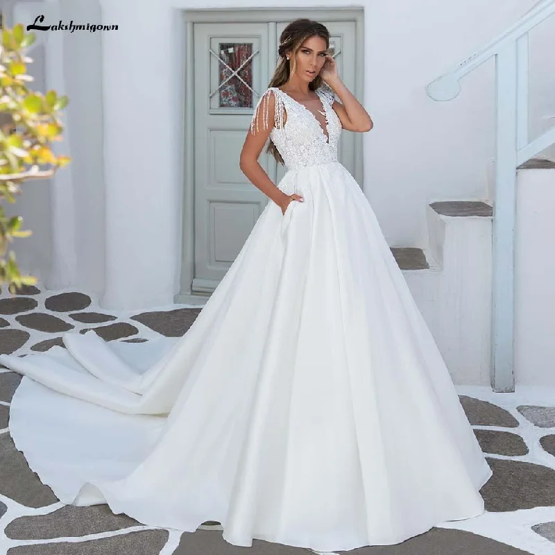 Versatile Wardrobe Essentials Roycebridal V-Neck A Line Satin Wedding Dresses Elegant Appliques