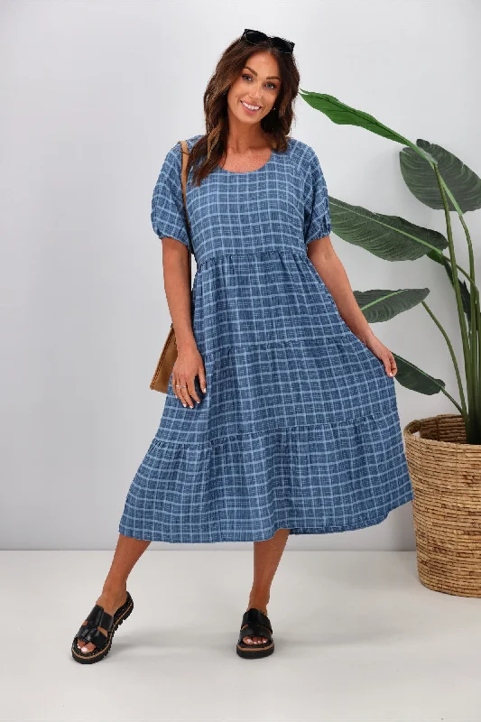 Seasonal Picks Shine On Label Odessa Tiered Midi Dress Denim Blue