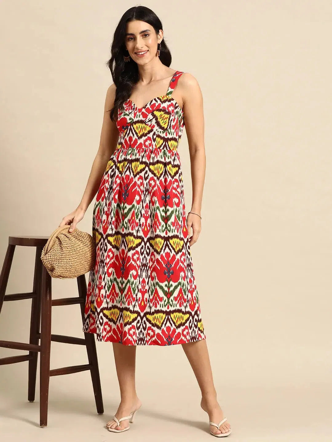 Chic & Cozy Collection Corset Top Midi Dress in Red and Cream Ikkat Print