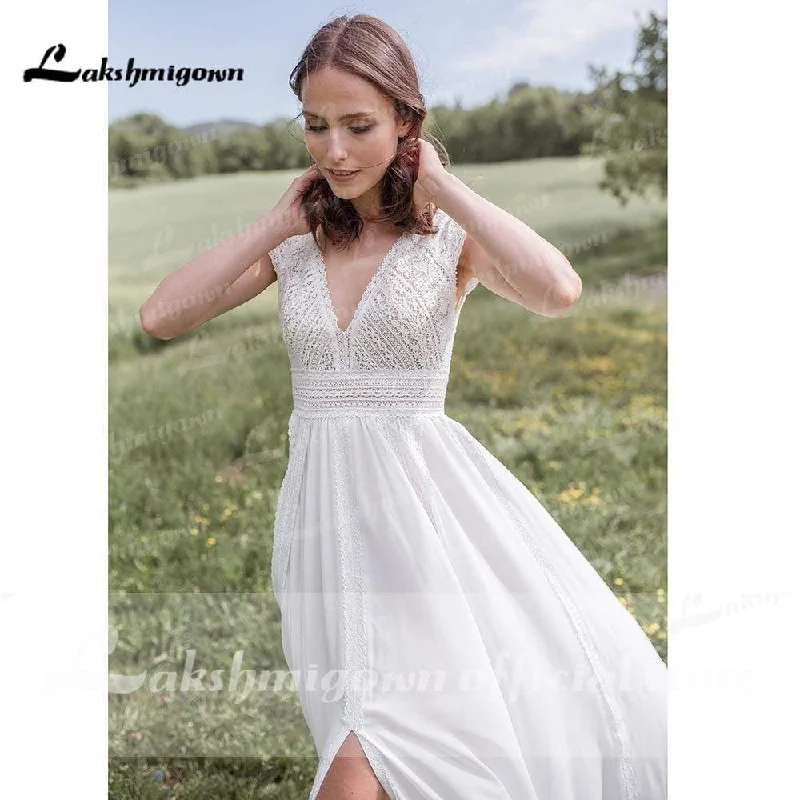 Style Revolution Roycebridal V Neck Short Sleeve Backless Lace Chiffon Wedding Dresses