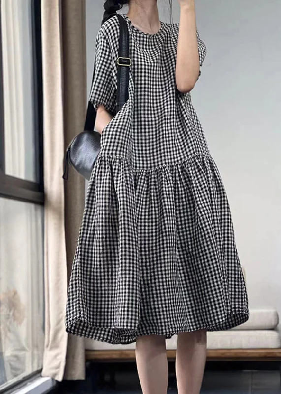 Absurdly Cheap Sale Italian Black Plaid O Neck Pockets Cotton Dresses Summer