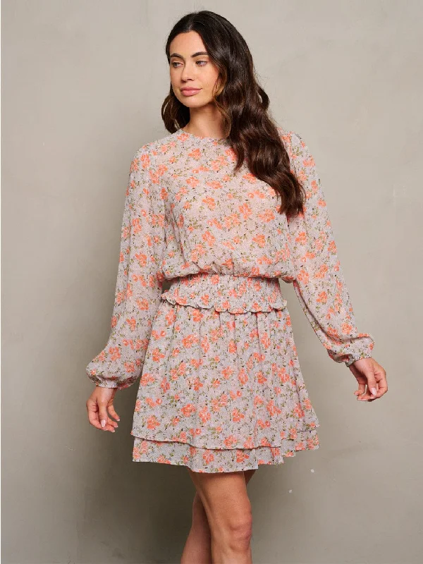 Chic Style, Always In Vogue WOMEN'S LONG SLEEVE SMOCK WAIST FLORAL PRINT MINI DRESS