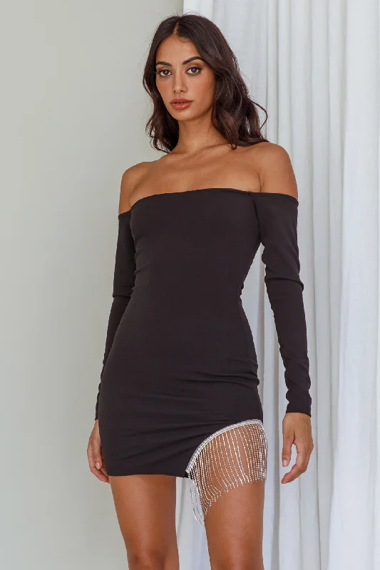 End of Season Sale Call On Me Diamante Off-Shoulder Mini Dress Black