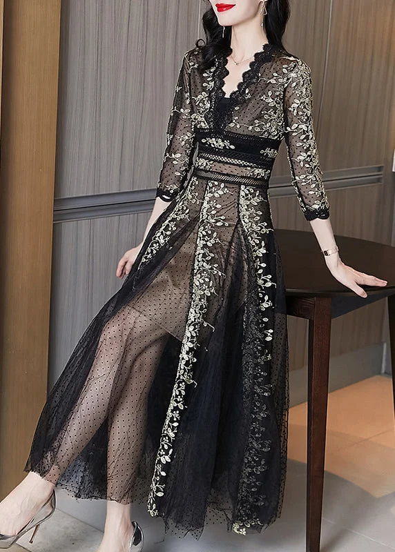Top Brand Discounts Elegant Black Embroidered Lace Patchwork Tulle Dresses Summer