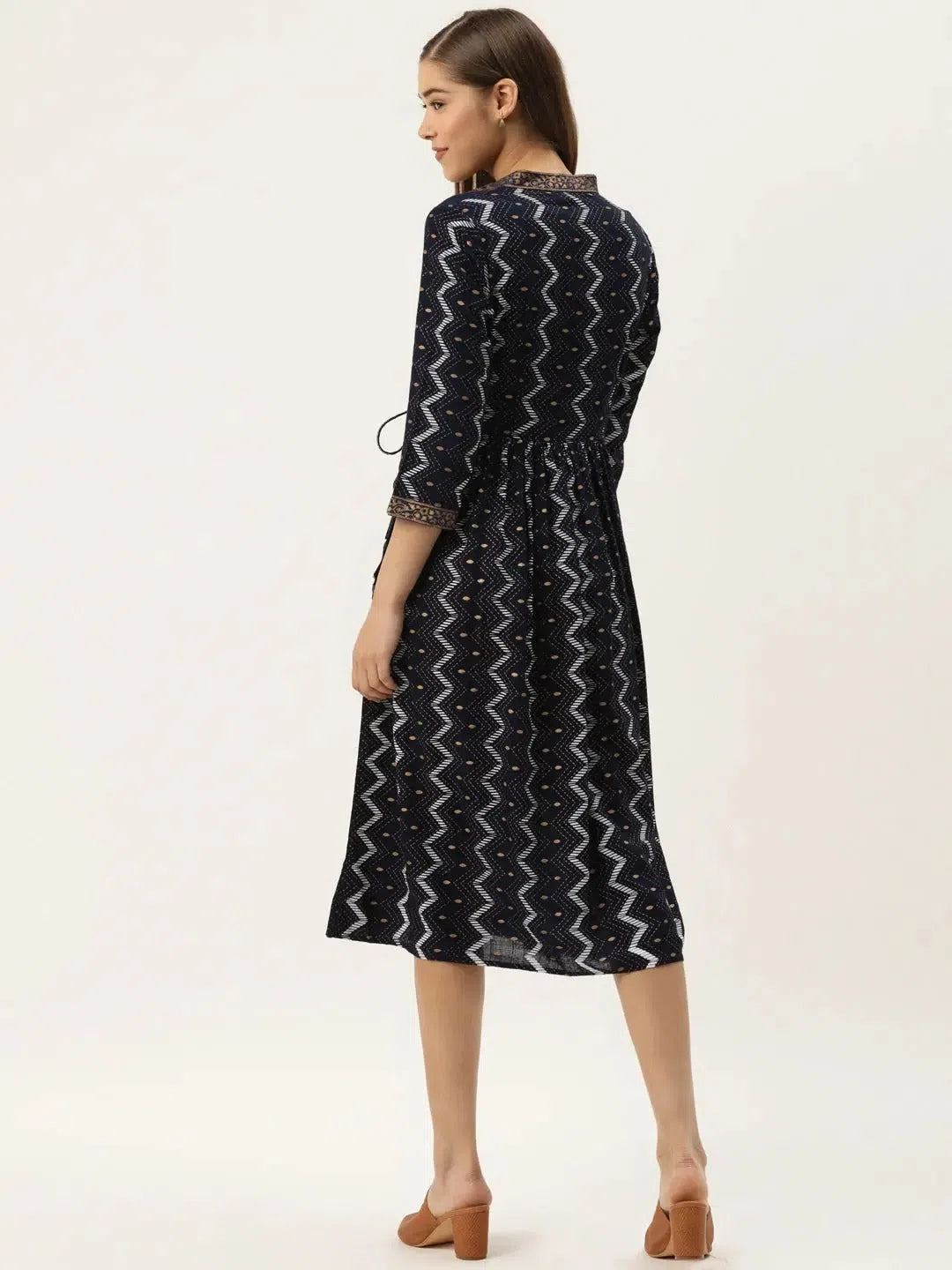 Clearance Event Printed Midi dress with mock waistcoat in navy