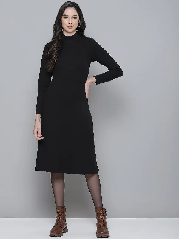 Hot Deals Black Rib Turtle Neck Raglan Sleeve Midi Dress