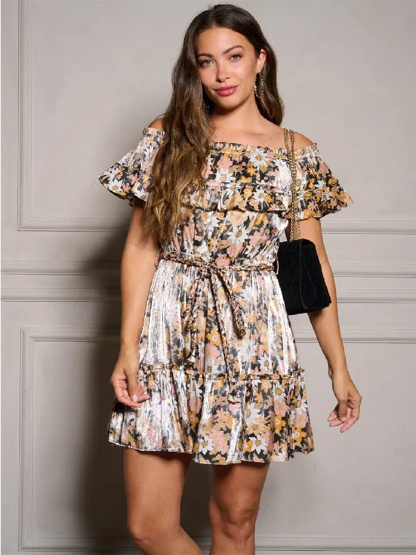 Elegant Simplicity Wardrobe WOMEN'S OFF SHOULDER RUFFLE SELF TIE FLORAL MINI DRESS