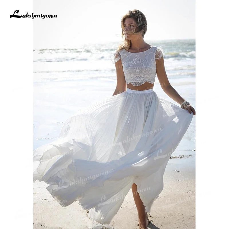 Women's Fashion Hotspots Roycebridal Unique Two Pieces Wedding Dresses Boat Neck Lace Top Cap-Sleeve And Chiffon Skirt Sweep Train Beach Bride Gowns robe de mariage