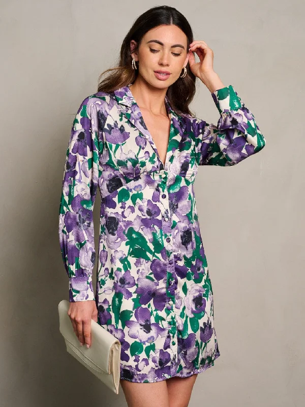 Women's Fashion Hotspots WOMEN'S LONG SLEEVE V-NECK BUTTON UP FLORAL PRINT MINI DRESS