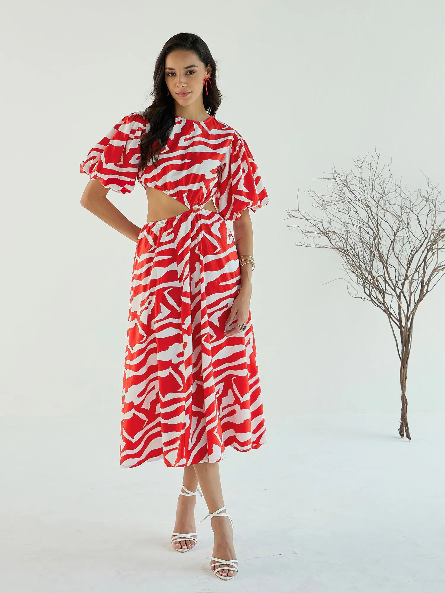 Trendy And Individual Women's Fashion Women Red & White Printed Side Cut Out Midi Dress-SFDRSS12438