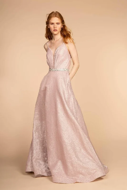 Get The Latest Trends Elizabeth K - GL2504 Pleated Plunging Bodice Glitter Long Gown