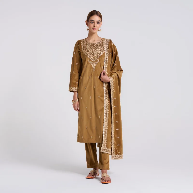 Online Clothing Boutiques Brown Ochre Embroidered Gulzaar Velvet Set with Dupatta