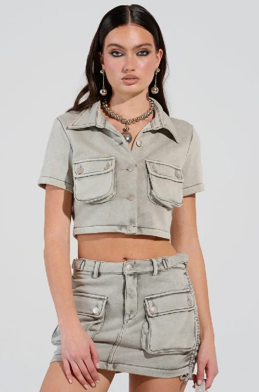 Vintage Inspired Fashion Sale TATIANA MINERAL WASHED CROPPED BUTTON DOWN