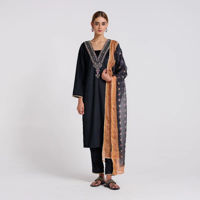 Feminine Dresses for Women in Bold Prints Black Embroidered Zareen Velvet Set with Dupatta