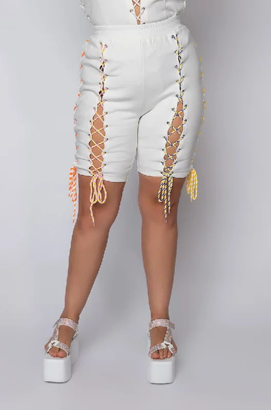 Holiday Discount PLUS READY WHEN YOU ARE LACE UP BIKER SHORT IVORY