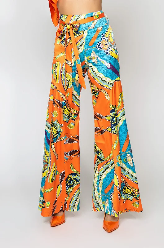 Elegant Women’s Clothing FIERY FIESTA SATIN PRINTED WIDE LEG PANT ORANGE MULTI