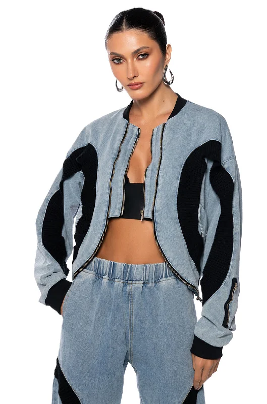 Stylish Women’s Clothes for Work and Play CURVE EFFECT RIB DENIM BOMBER