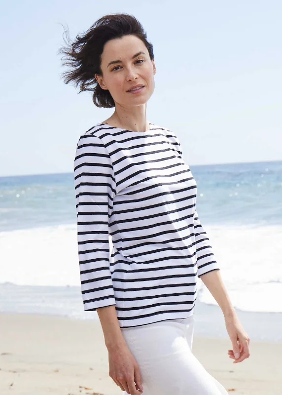 Seasonal Fashion GALATHEE II - Breton Striped Top with ¾ Sleeve | Soft Cotton | Women Fit (WHITE / BLACK)