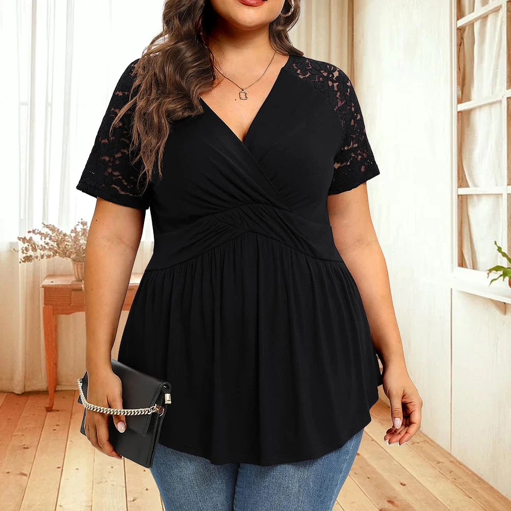 Holiday Attire Sale Women's Ruffled V Neck Fashion Designer Hallow Out T-Shirts (Plus Size)