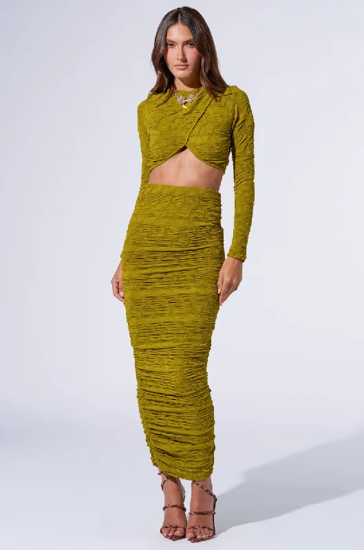 Trendy Outfits For Ladies MAYBE NEXT TIME RUCHED MAXI SKIRT IN OLIVE