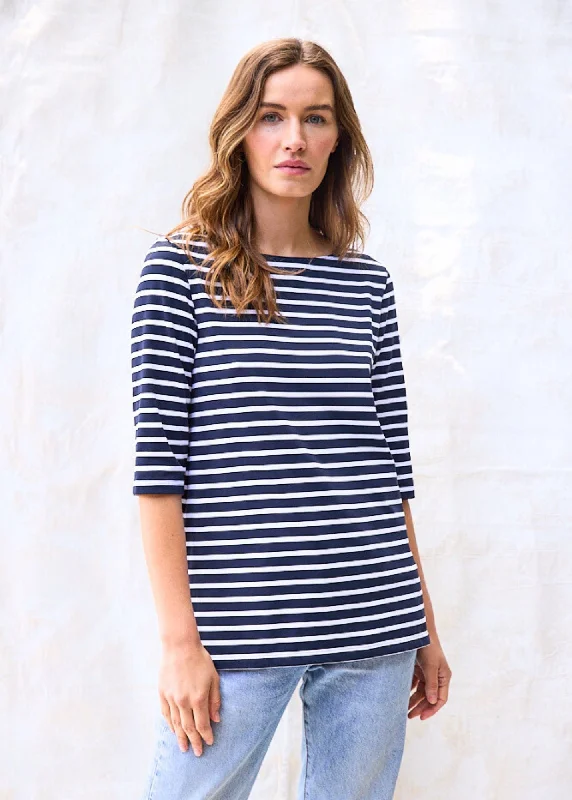 Chic Wardrobe PHARE - Boat Neck Striped Tunic with Slits | Stretch fabric with UV Protection (NAVY / WHITE)