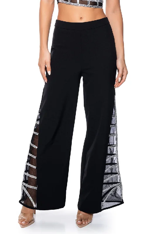 New Arrival Discount PREMIER RHINESTONE MESH PANEL SATIN WIDE LEG PANT