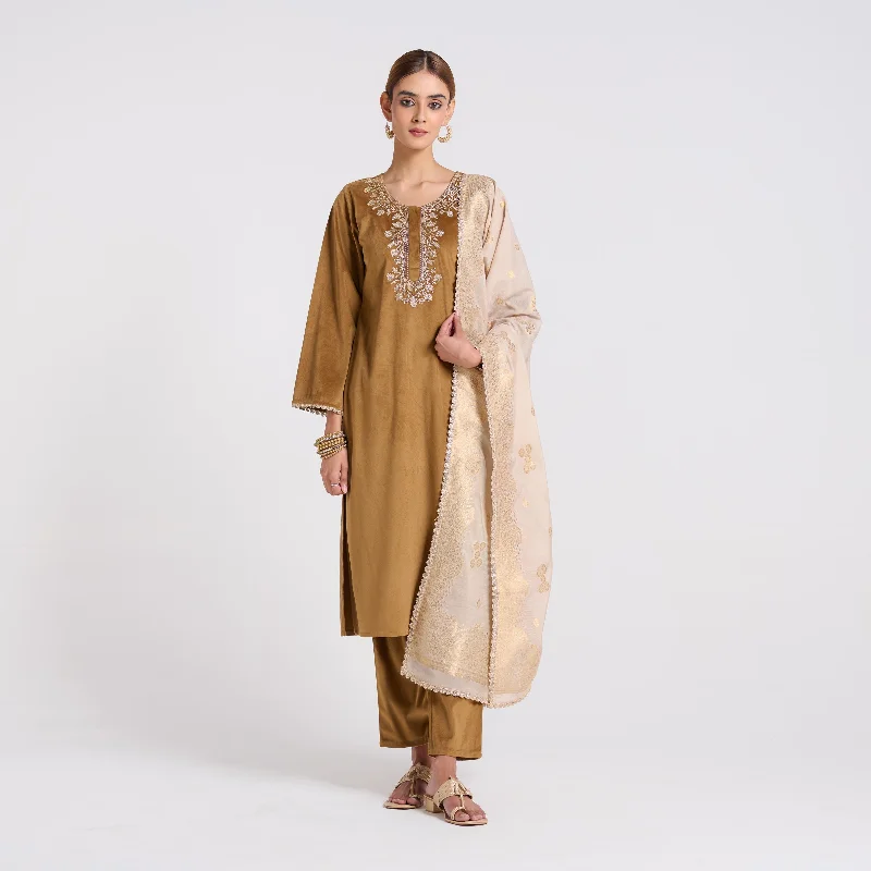 Outlet Clothing Brown Ochre Embroidered Noor Velvet Set with Brocade Dupatta