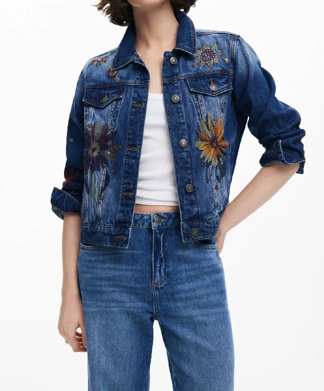 Premium Quality Garments Floral Embroidered Trucker Denim Jacket In Blue Multi