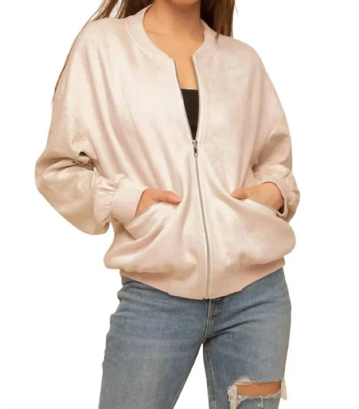 Trend Forward Threads For Her Animal Print Sleeve Bomber Jacket In Cream/blush